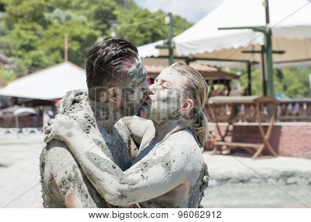 SULTANIYE, TURKEY - JULY 05, 2015: People are taking a mud bath and kiss