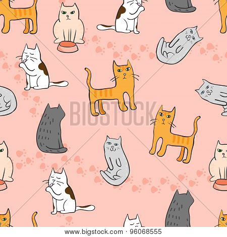 Seamless Pattern With Cute Cats With Footprints On The Background