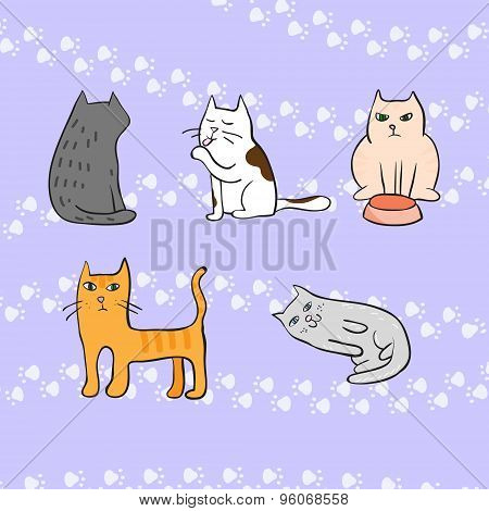 Picture With Cute Cats With Footprints On The Background