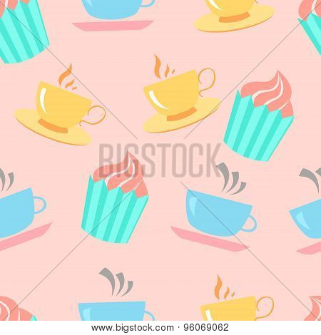 Cute Cups And Cakes. Vector Illustration.