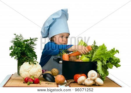 Cute Little Girl Cooking Soup With Lots Of Different Vegetables. Isolated
