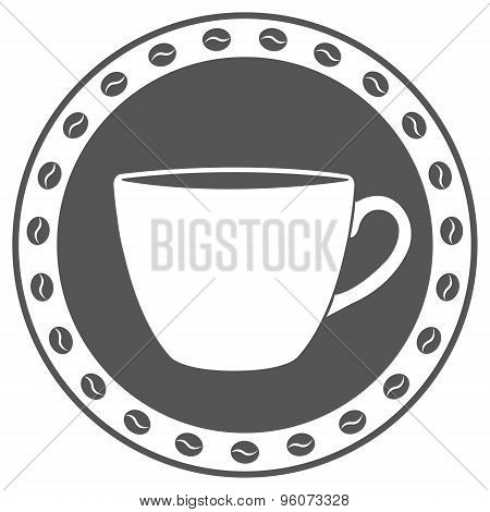 Cafe label with a cup of coffee and coffee beans.