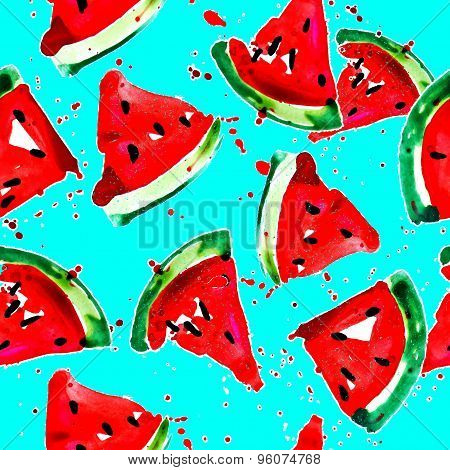 Seamless Pattern Of Watercolor Watermelon