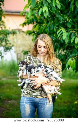Pretty Little Husky Puppy Outdoor In Womans Hands