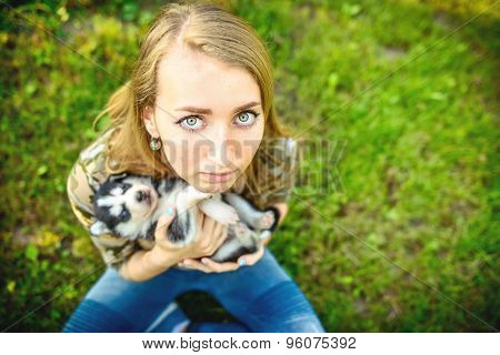 Pretty Little Husky Puppy Outdoor In Womans Hands