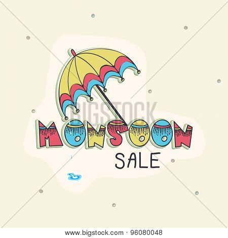 Stylish Monsoon Sale poster, banner or flyer design with umbrella.
