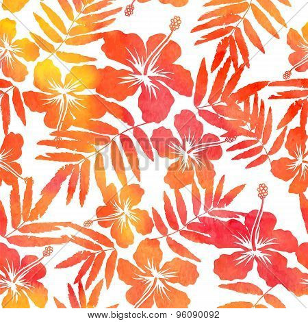 Red watercolor vector hibiscus seamless pattern