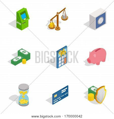 Money icons set. Isometric 3d illustration of 9 money vector icons for web