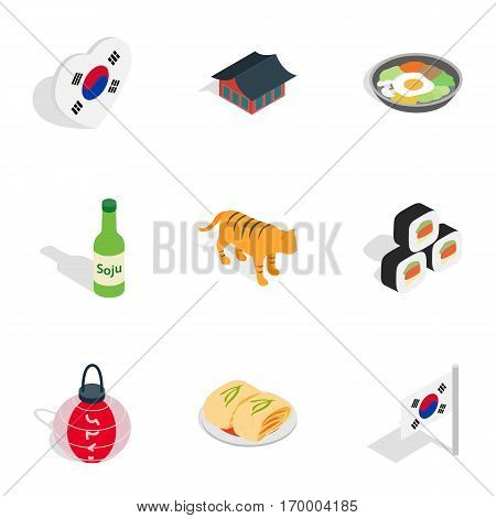 South Korea attractions icons set. Isometric 3d illustration of 9 South Korea attractions vector icons for web