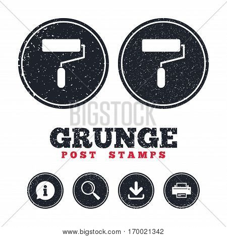 Grunge post stamps. Paint roller sign icon. Painting tool symbol. Information, download and printer signs. Aged texture web buttons. Vector