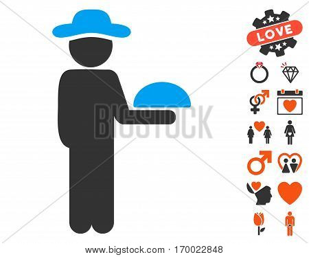 Gentleman Waiter pictograph with bonus marriage pictograms. Vector illustration style is flat iconic symbols for web design app user interfaces.