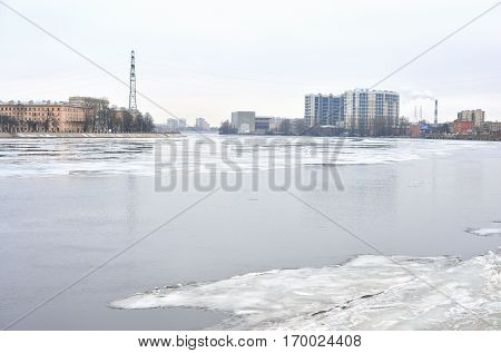 Embankment Obukhov Defense at cloud spring day outskirts of St.Petersburg Russia.