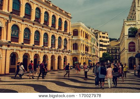 Macao - October 2016: People at Largo do Senado square in sunny day. 