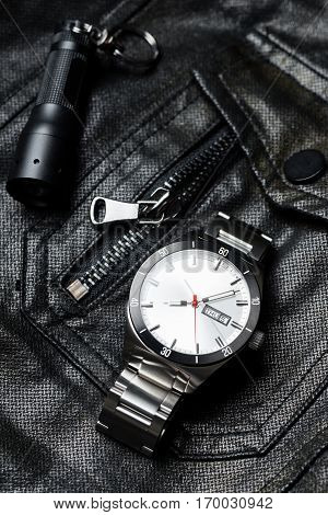closeup 3 hands luxury men's watch, automatic wristwatch