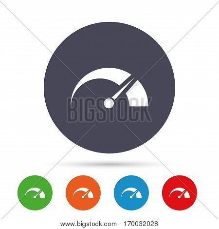 Tachometer sign icon. Revolution-counter symbol. Car speedometer performance. Round colourful buttons with flat icons. Vector