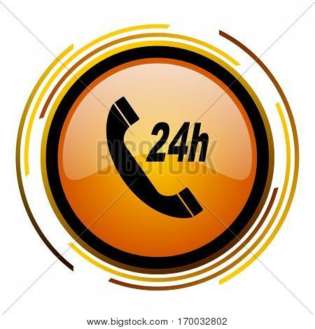 24 hours call sign vector icon. Modern design round orange button isolated on white square background for web and application designers in eps10.

