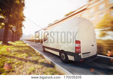 Trucks drive in the city streets for deliveries. 3D Rendering