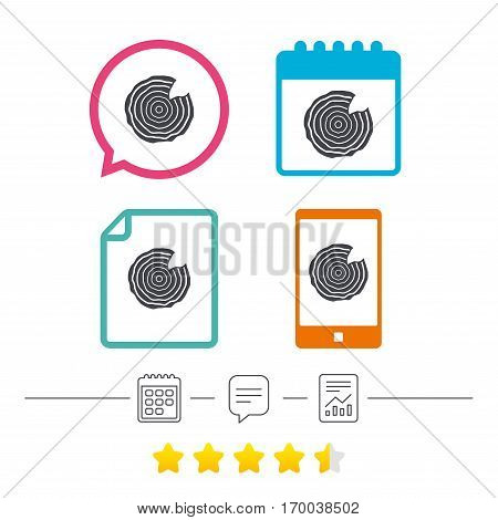 Wood sign icon. Tree growth rings. Tree trunk cross-section with nick. Calendar, chat speech bubble and report linear icons. Star vote ranking. Vector