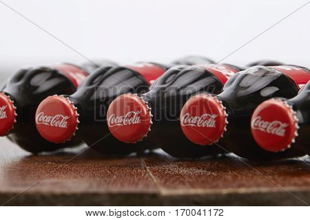 Kuala Lumpur, Malaysia 12th December 2016,coca cola soft drink on wooden table top