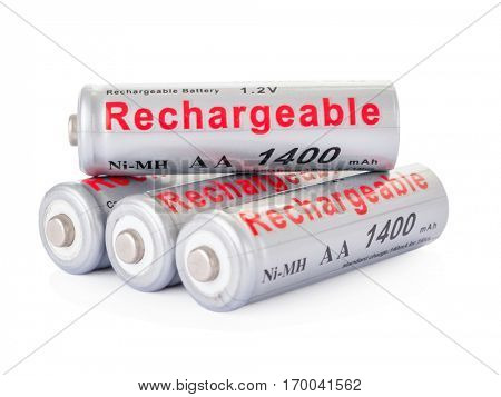 Rechargeable AA batteries isolated on white background.