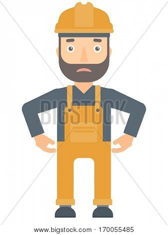 Depressed caucasian builder in hard hat and overalls. Sad hipster builder standing with his hands on hips. Builder having depression. Vector flat design illustration isolated on white background.