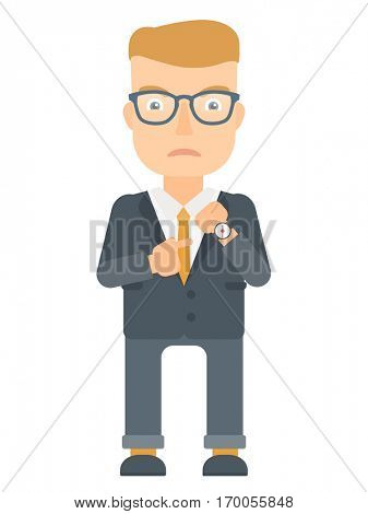 Angry caucasian employer pointing at wrist watch. Aggressive boss checking time of coming of latecomer employee. Concept of late to work. Vector flat design illustration isolated on white background.