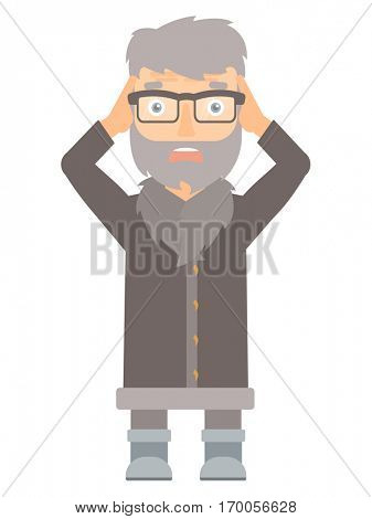 Scared north man wearing warm winter clothing. Scared hipster north man with the beard clutching his head. Scared north man grabs his head. Vector flat design illustration isolated on white background