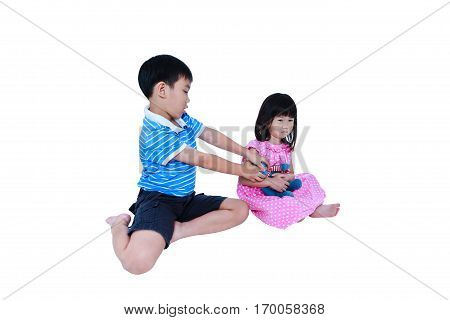Quarreling Conflict Of Sibling. Concept Brawl In Family. Isolated On White Background.