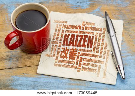 Kaizen - Japanese continuous improvement concept - word cloud  on a napkin with a cup of coffee