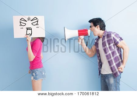 man take the microphone shout to woman take angrily billboard isolated on blue background