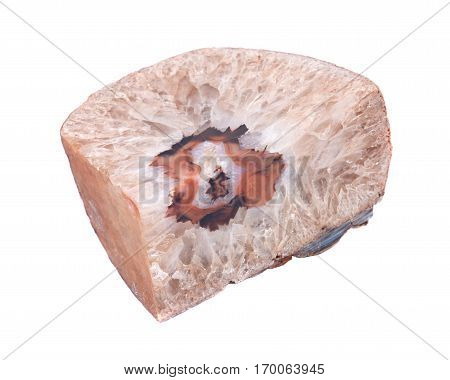 Light brown natural crystal agate geode bookend polished on isolated on white background