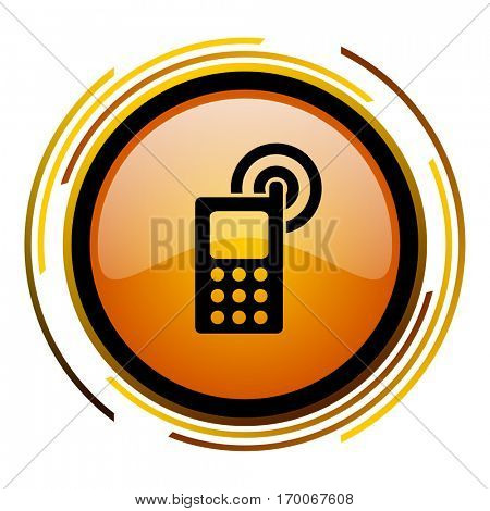 Mobile phone sign vector icon. Modern design round orange button isolated on white square background for web and application designers in eps10.