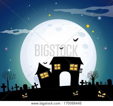 Haunted house in the field on fullmoon night illustration