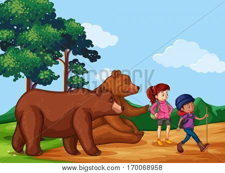 People hiking up the mountain with two bears illustration