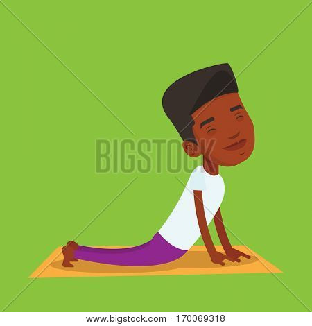 An african-american young sportsman practicing yoga upward dog pose. Sportsman meditating in yoga upward dog position. Sporty man doing yoga on the mat. Vector flat design illustration. Square layout.