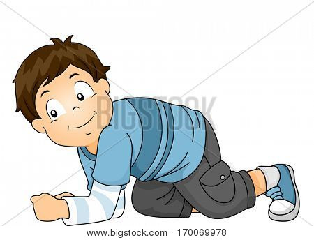 Illustration of a Cute Little Boy in Striped Shirts and Cargo Pants Crawling on All Fours