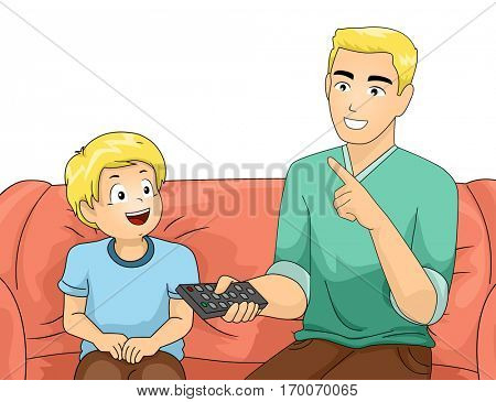 Illustration of a Father and Son Sitting on the Couch as the Dad Teaches His Son How to Use the Remote Control