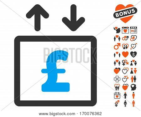 Pound Money Elevator pictograph with bonus dating graphic icons. Vector illustration style is flat iconic symbols for web design app user interfaces.