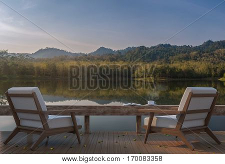 Lake house terrace and beautiful nature view 3d rendering image. A place surrounded by nature There are wood floor and furniture