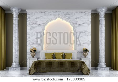 Luxury bedroom 3D rendering Image decorated with arches Indian Style white marble and gold color