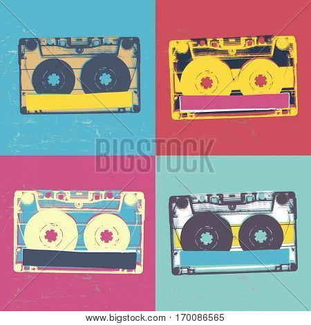 Audiocassette retro popart music seamless background. Audiocassette illustration pop-art seamless pattern. Retro audio cassettes, pop art style, seamless. Vintage styled retro music seamless pattern