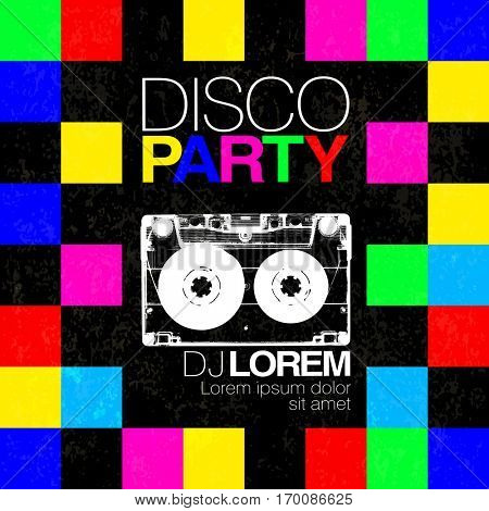Disco poster or flyer design vintage template on colorful squary background