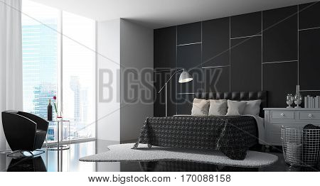 Modern Bedroom with Black and white 3d rendering Image.There are a black wall floor furniture and white shelf and carpet There are large windows looking out to metropolis view