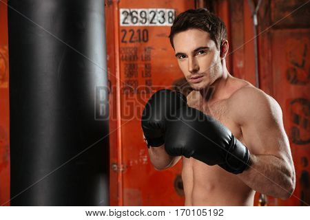 Young strong boxer posing in a gym near punchbag. Looking at camera.