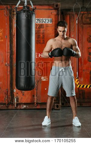 Picture of young concentrated boxer posing in a gym with punchbag. Looking down.