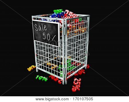 Store promotion display basket with numbers and procents 3d Illustration, isolated black