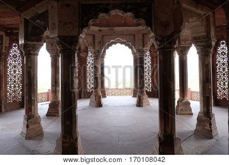 AGRA, INDIA - FEBRUARY 14 : Columns inside palace of Agra Fort, UNESCO World heritage site in Agra. Uttar Pradesh, India on February 14, 2016.