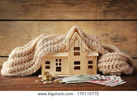 Plywood toy house with warm scarf and money on wooden background