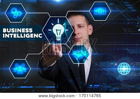 Business, Technology, Internet And Network Concept. Young Businessman Working On A Virtual Blackboar