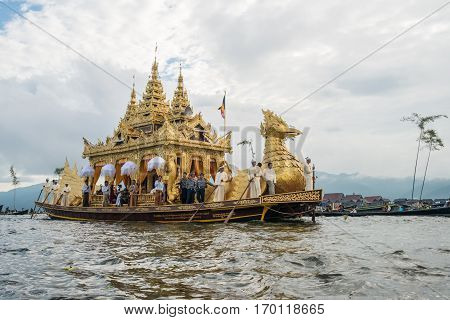 INLE-LAKE, MYANMAR - OCT 06 2014: The festival of Phaung Daw Oo Pagoda at Inle Lake in October 2014.